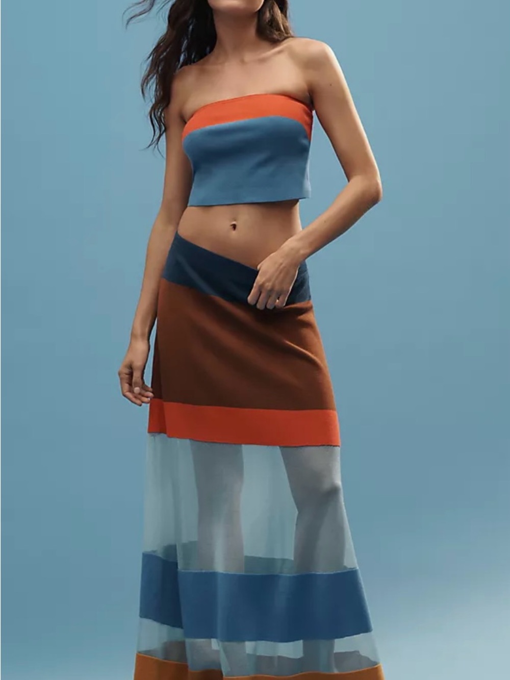 Maeve Colorblock Maxi Skirt in Blue, Rust & Brown - Picture 3 of 9
